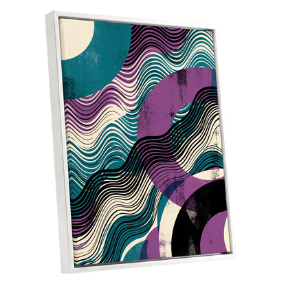 Electric Tides, black, blue, purple abstract wall art shown as a white framed canvas wall art