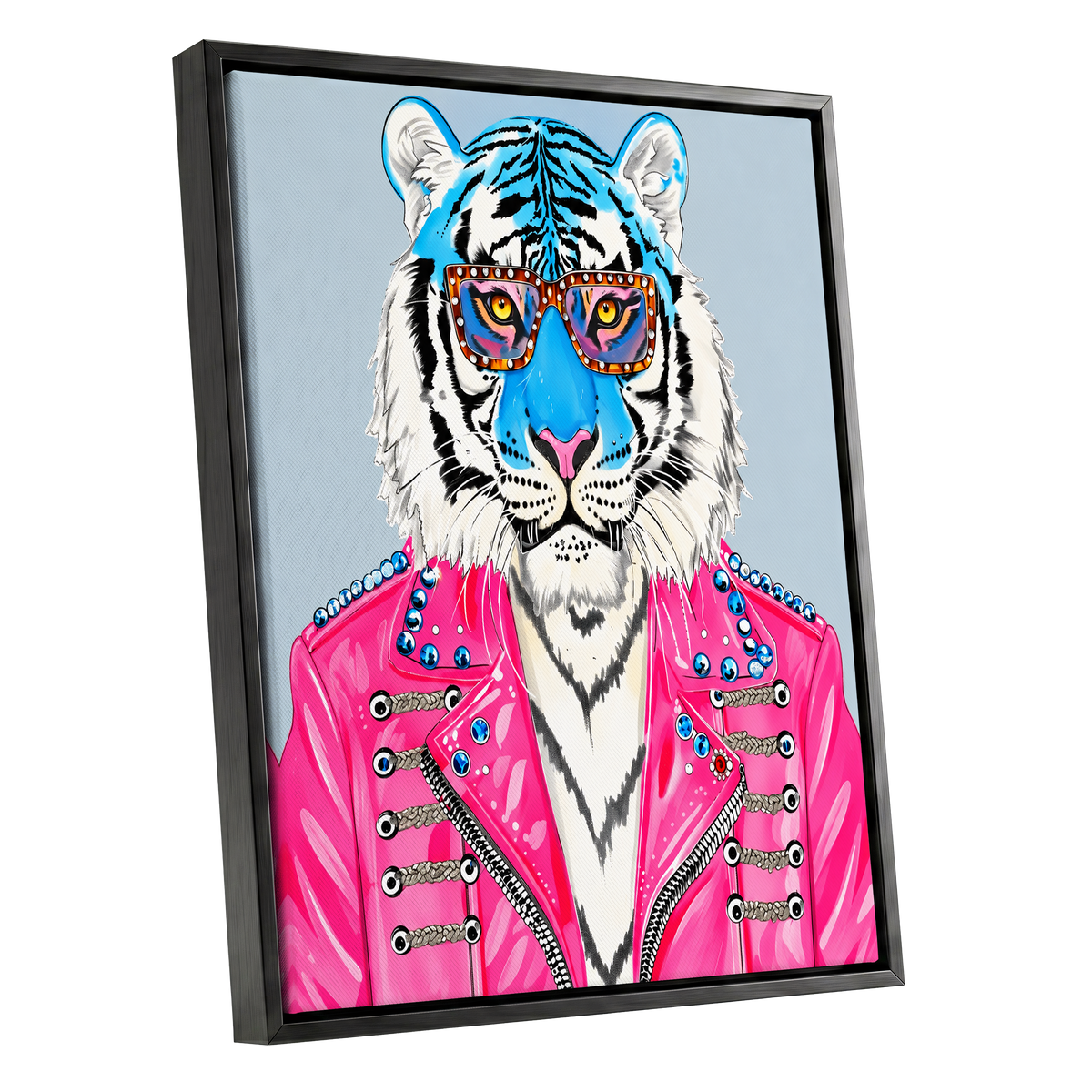 Electric Tiger Icon, pink, white, blue nature wall art shown as a black framed canvas wall art