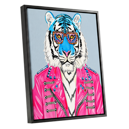 Electric Tiger Icon, pink, white, blue nature wall art shown as a black framed canvas wall art