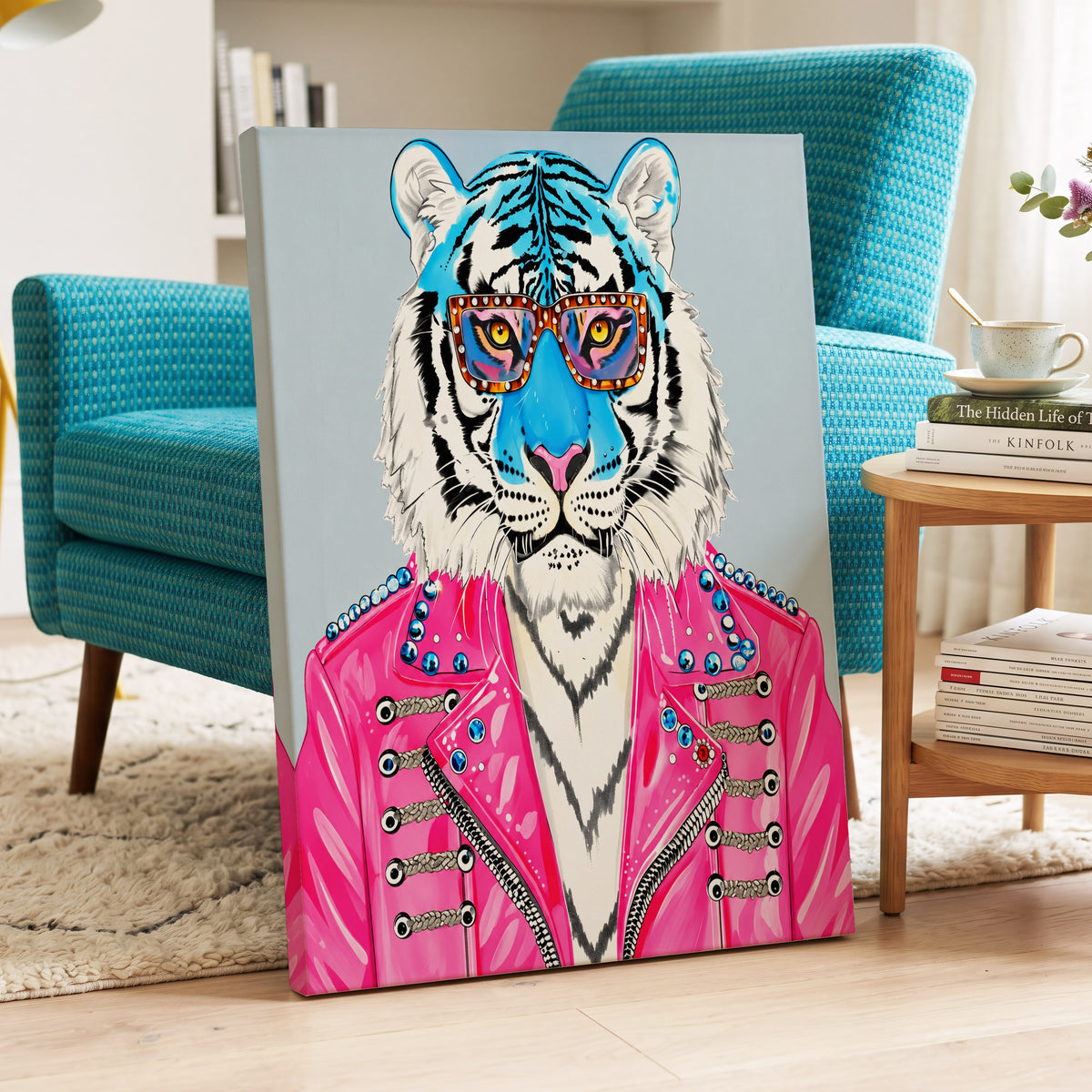Electric Tiger Icon, pink, white, blue nature wall art on canvas displayed in a styled interior, gallery view 1