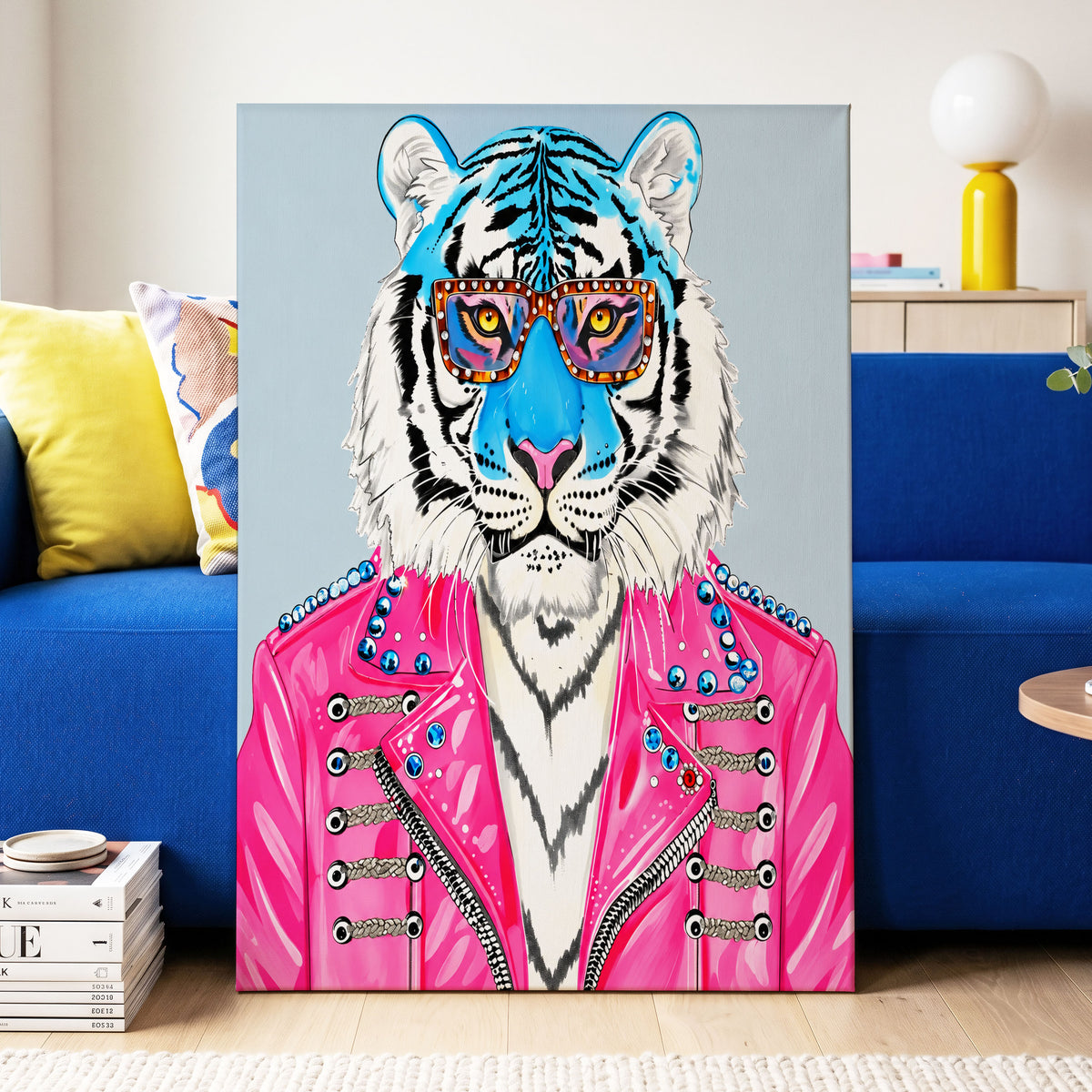 Electric Tiger Icon, pink, white, blue nature wall art on canvas displayed in a styled interior, gallery view 2