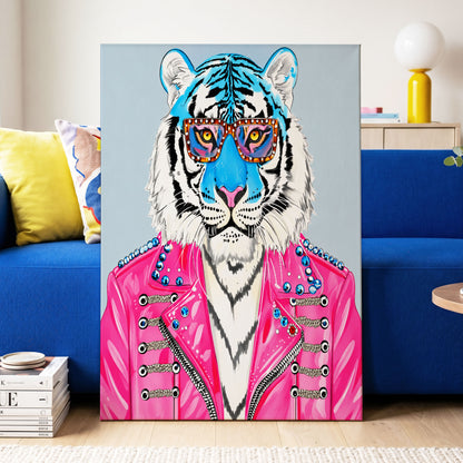 Electric Tiger Icon, pink, white, blue nature wall art on canvas displayed in a styled interior, gallery view 2