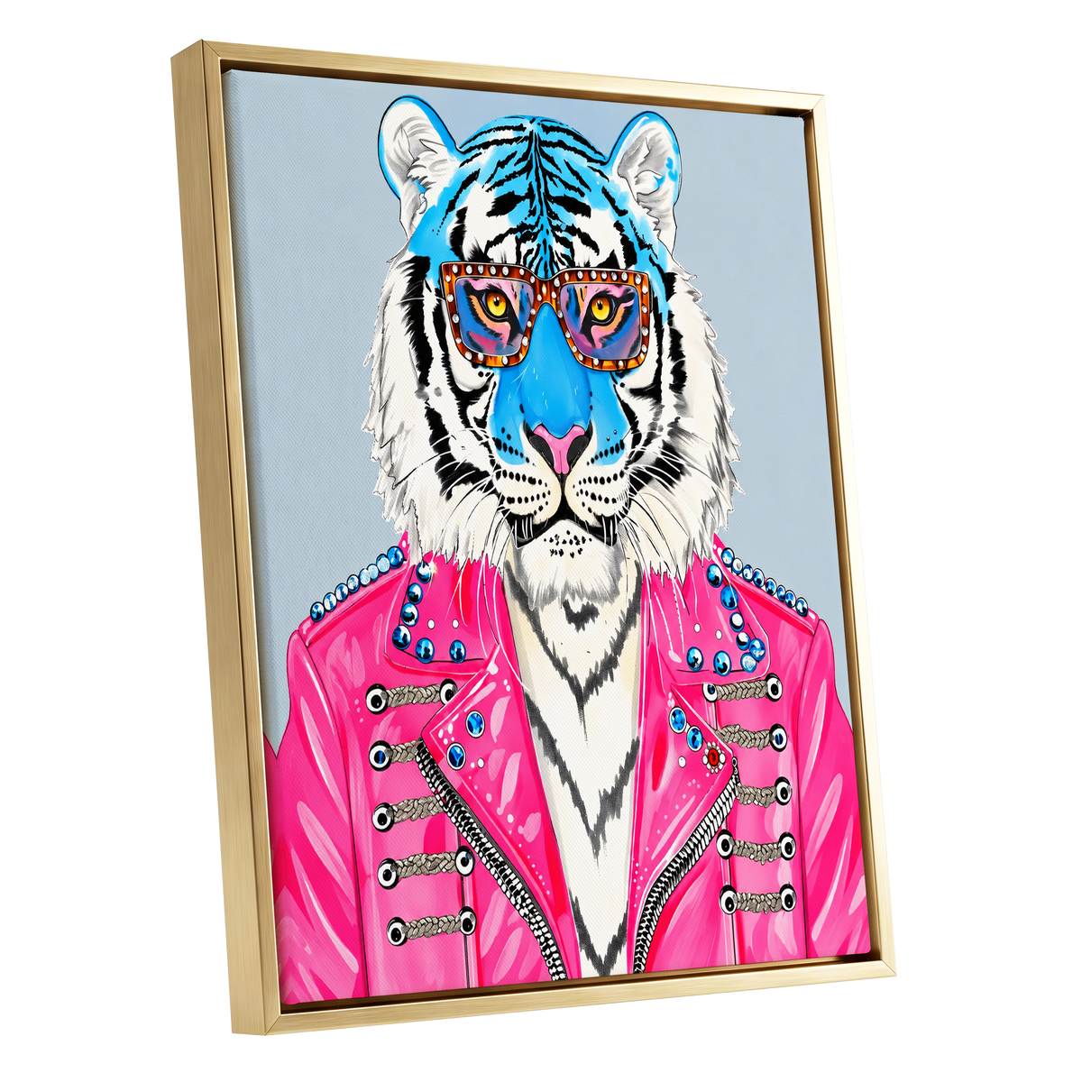Electric Tiger Icon, pink, white, blue nature wall art shown as a gold framed canvas wall art