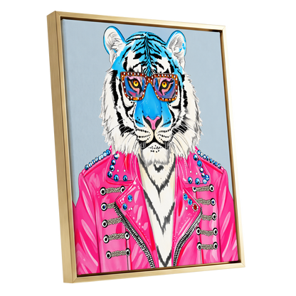 Electric Tiger Icon, pink, white, blue nature wall art shown as a gold framed canvas wall art