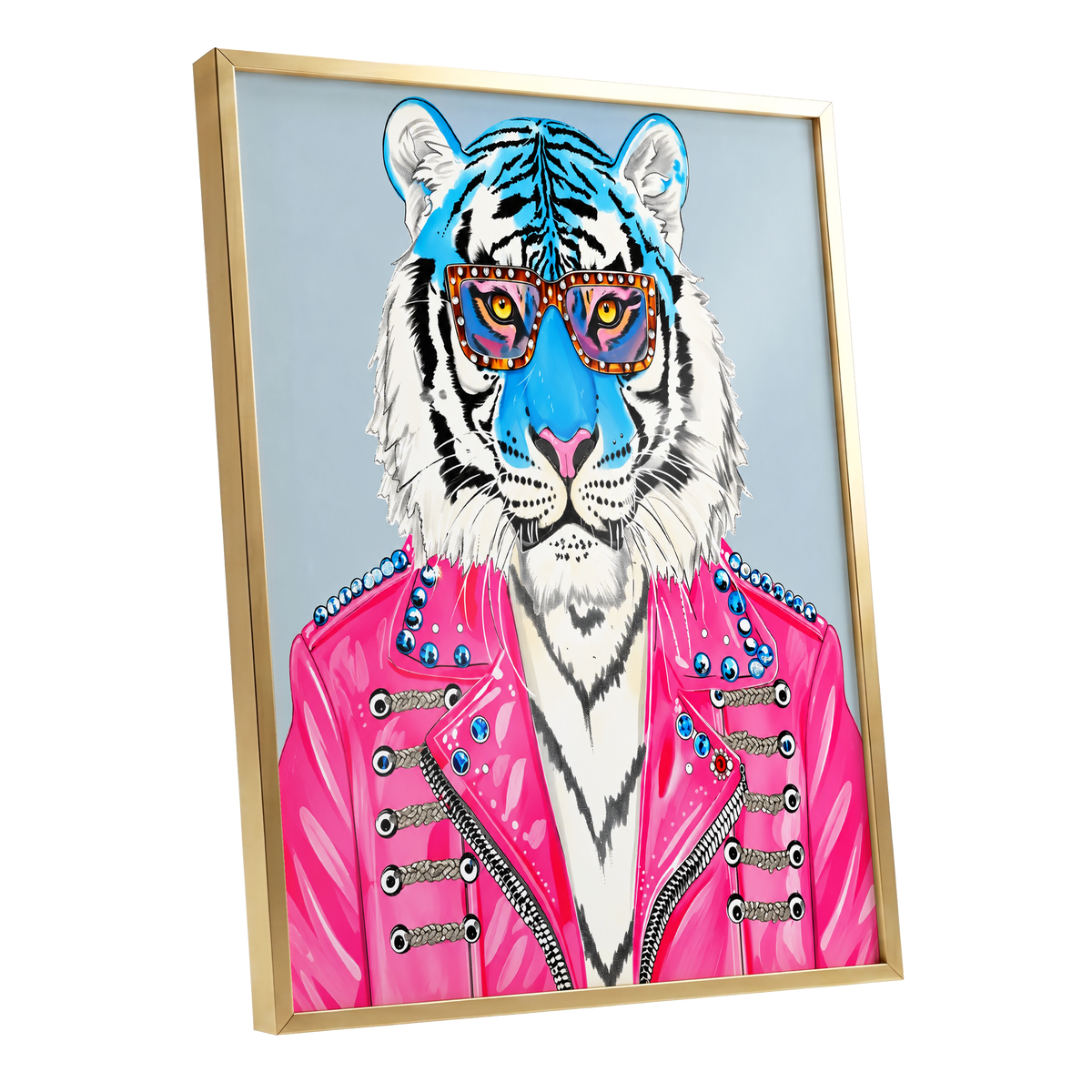 Electric Tiger Icon, pink, white, blue nature wall art shown as a gold framed poster wall art print
