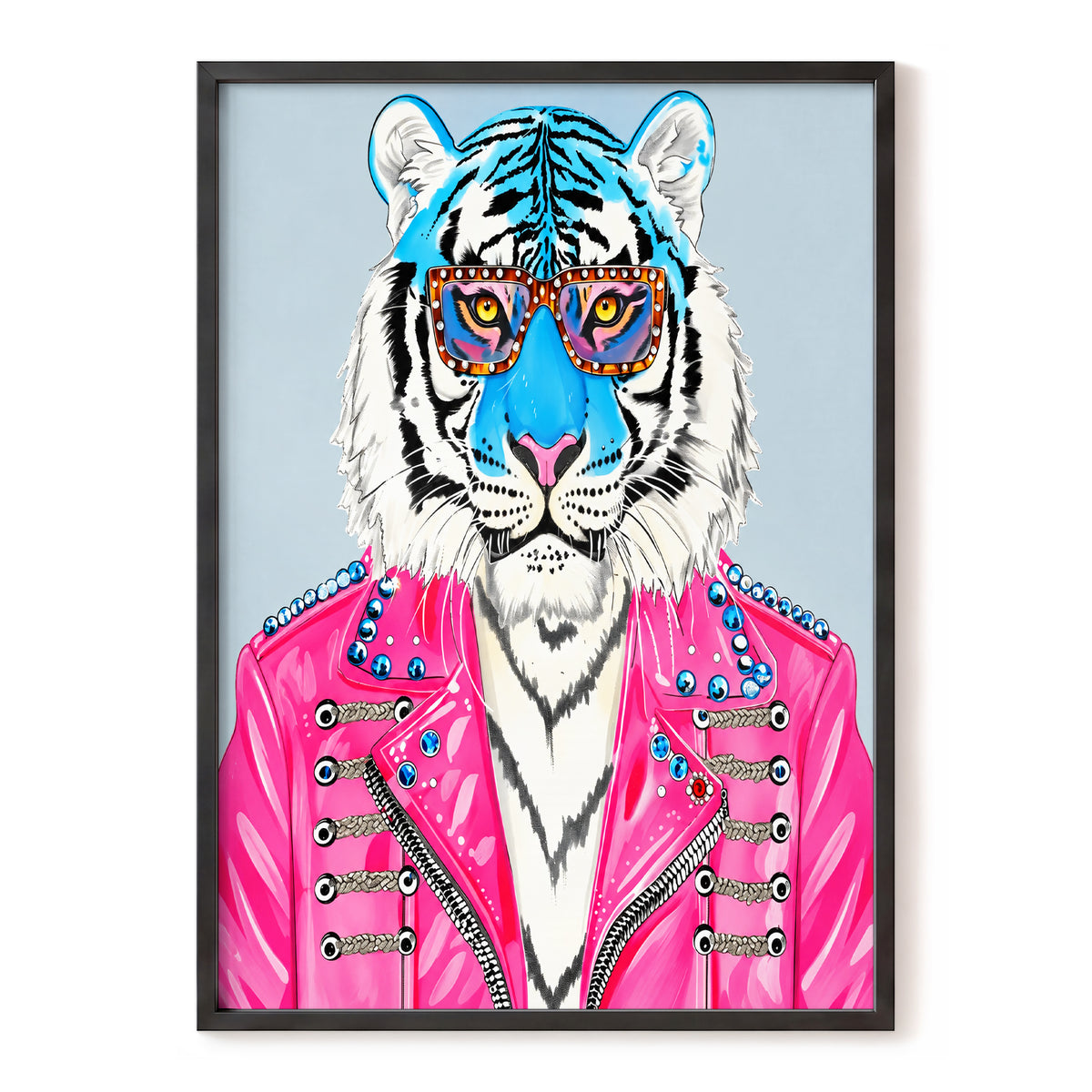 Electric Tiger Icon, pink, white, blue nature wall art, front artwork view