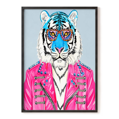 Electric Tiger Icon, pink, white, blue nature wall art, front artwork view