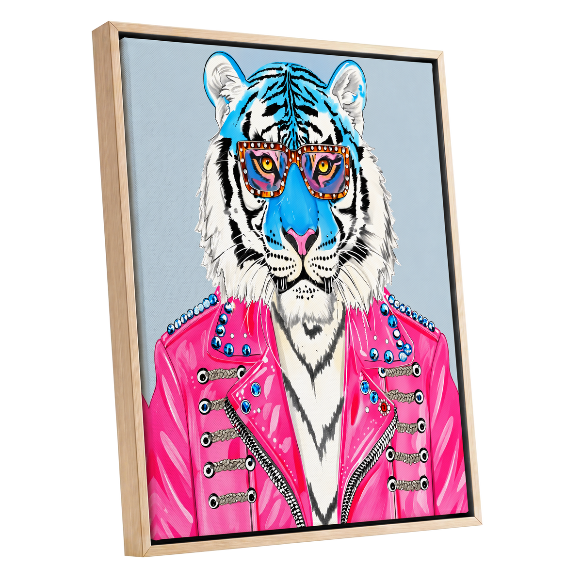 Electric Tiger Icon, pink, white, blue nature wall art shown as a oak framed canvas wall art