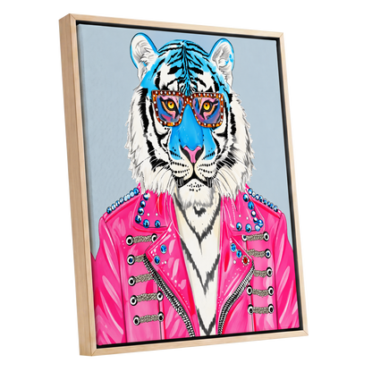 Electric Tiger Icon, pink, white, blue nature wall art shown as a oak framed canvas wall art