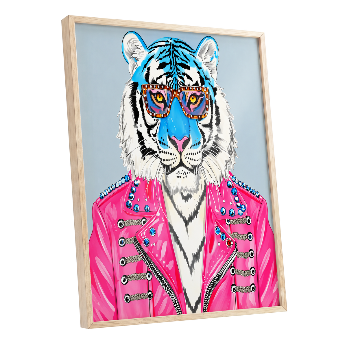 Electric Tiger Icon, pink, white, blue nature wall art shown as a oak framed poster wall art print