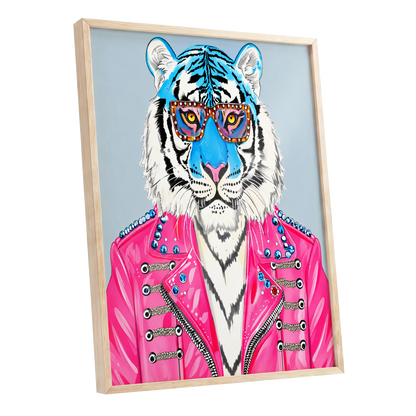 Electric Tiger Icon, pink, white, blue nature wall art shown as a oak framed poster wall art print