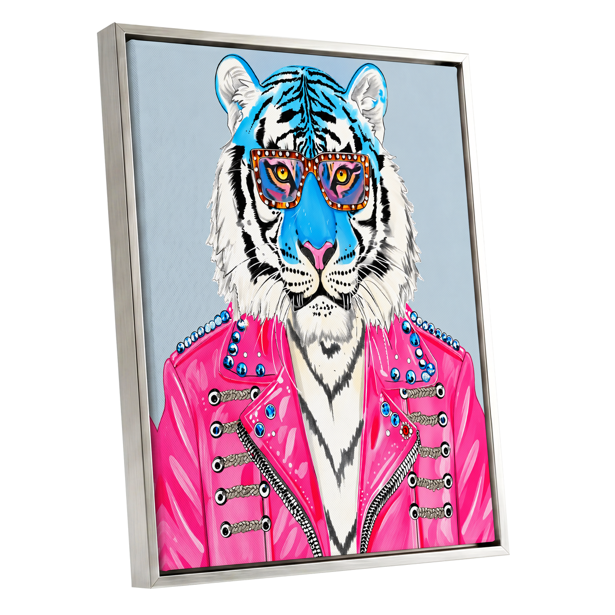 Electric Tiger Icon, pink, white, blue nature wall art shown as a silver framed canvas wall art
