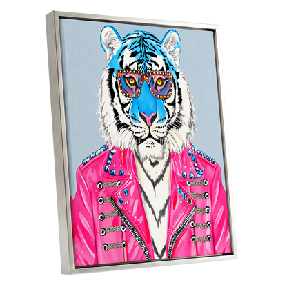 Electric Tiger Icon, pink, white, blue nature wall art shown as a silver framed canvas wall art