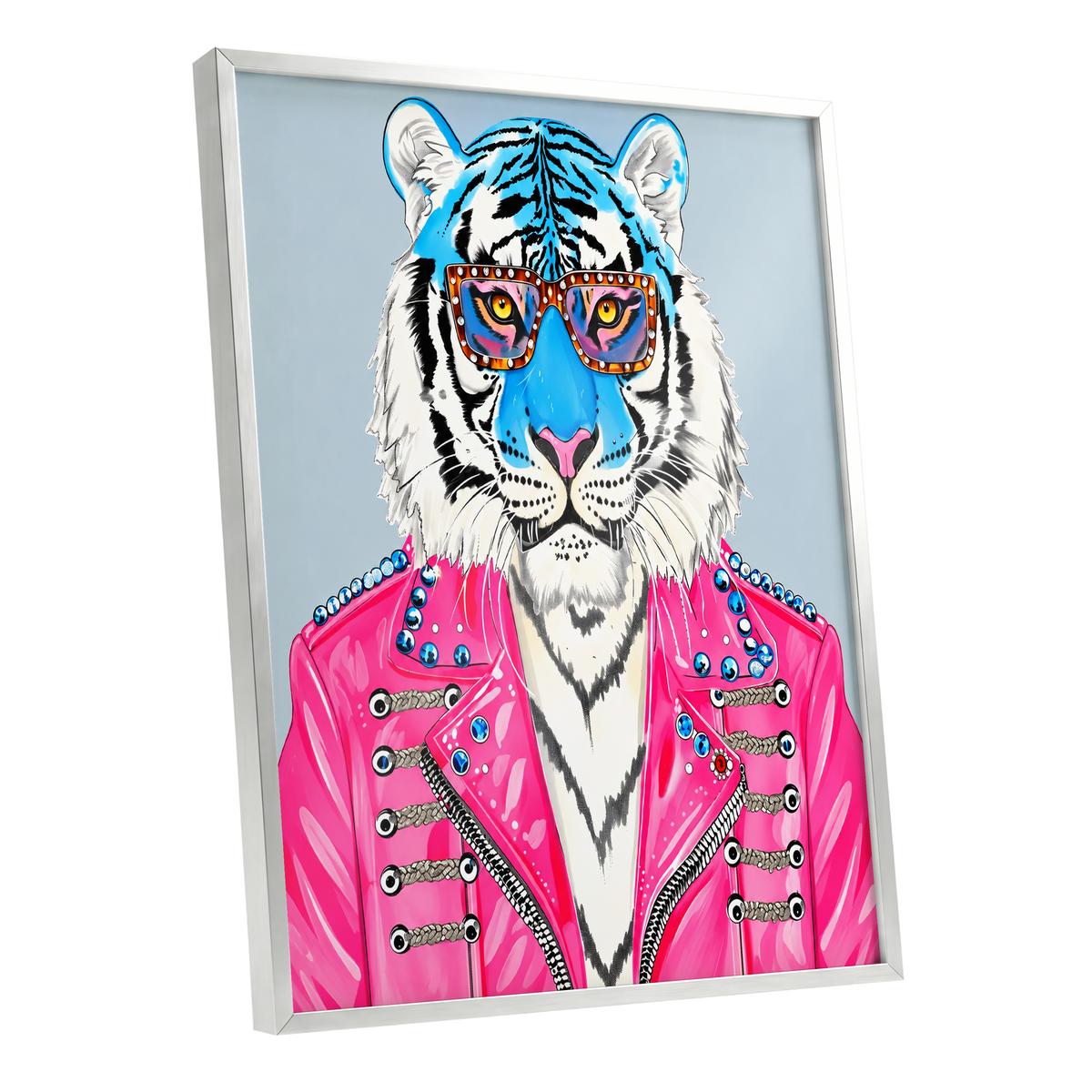 Electric Tiger Icon, pink, white, blue nature wall art shown as a silver framed poster wall art print
