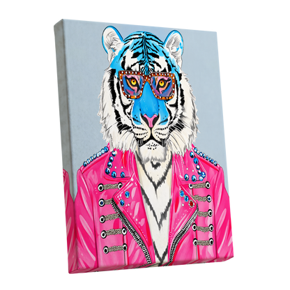 Electric Tiger Icon, pink, white, blue nature wall art shown as a stretched canvas wall art