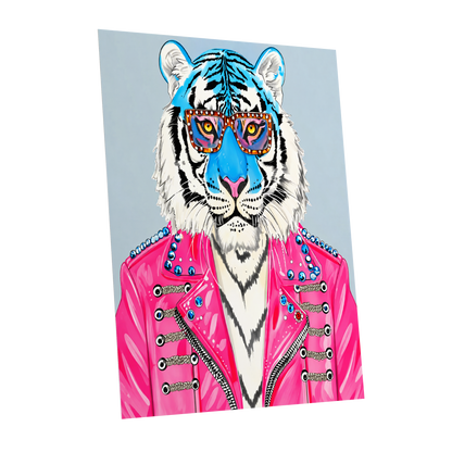 Electric Tiger Icon, pink, white, blue nature wall art shown as a unframed poster wall art print