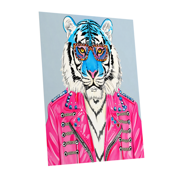 Electric Tiger Icon, pink, white, blue nature wall art shown as a unframed poster wall art print