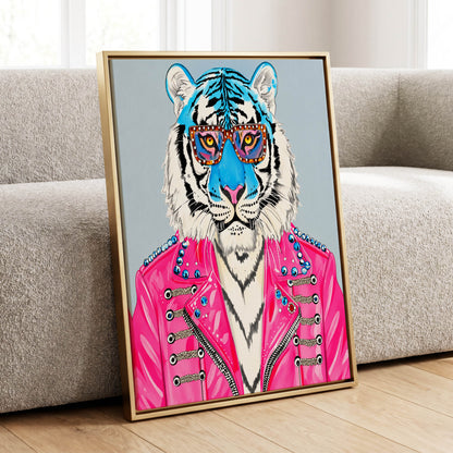 Electric Tiger Icon, pink, white, blue nature wall art displayed in a styled interior, gallery view 2