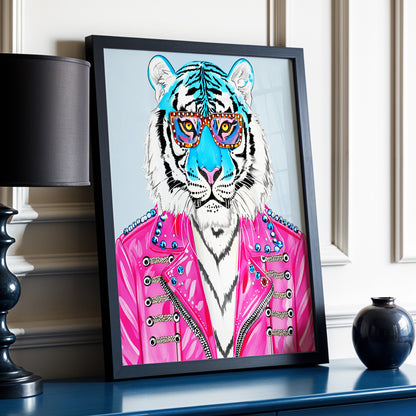Electric Tiger Icon, pink, white, blue nature wall art displayed in a styled interior, gallery view 3