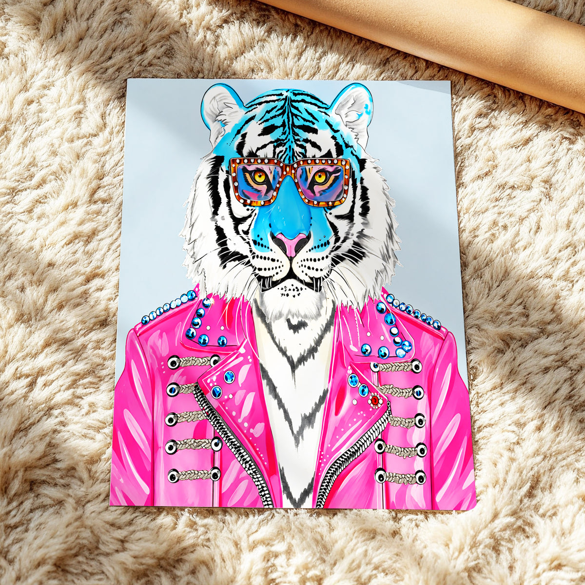 Electric Tiger Icon, pink, white, blue nature wall art displayed in a styled interior, gallery view 4