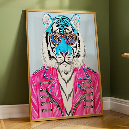 Electric Tiger Icon, pink, white, blue nature wall art displayed in a styled interior, gallery view 5