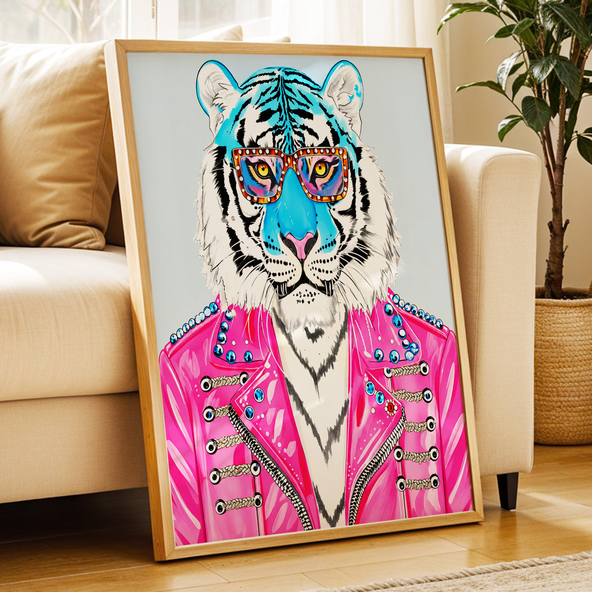 Electric Tiger Icon, pink, white, blue nature wall art displayed in a styled interior, gallery view 6