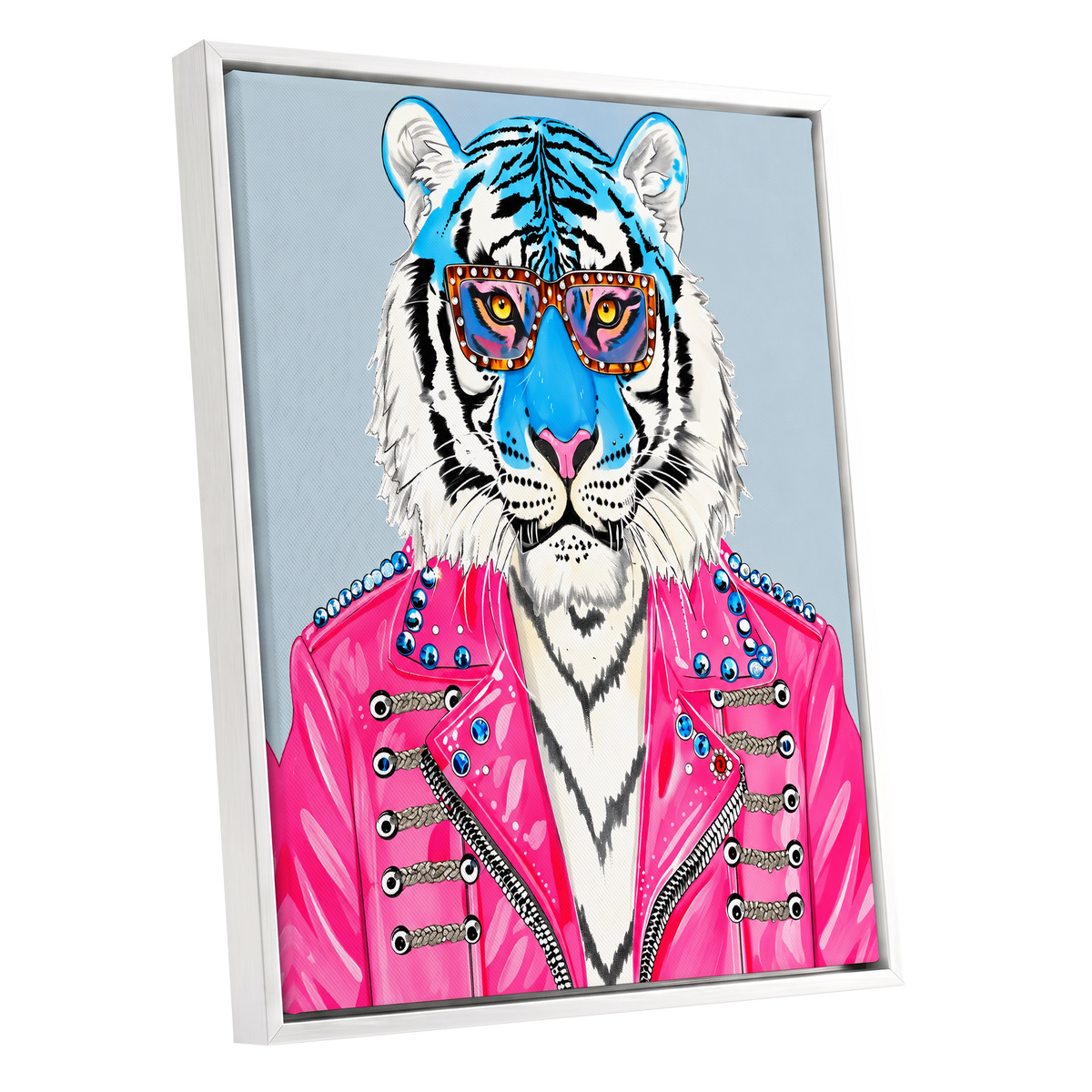 Electric Tiger Icon, pink, white, blue nature wall art shown as a white framed canvas wall art