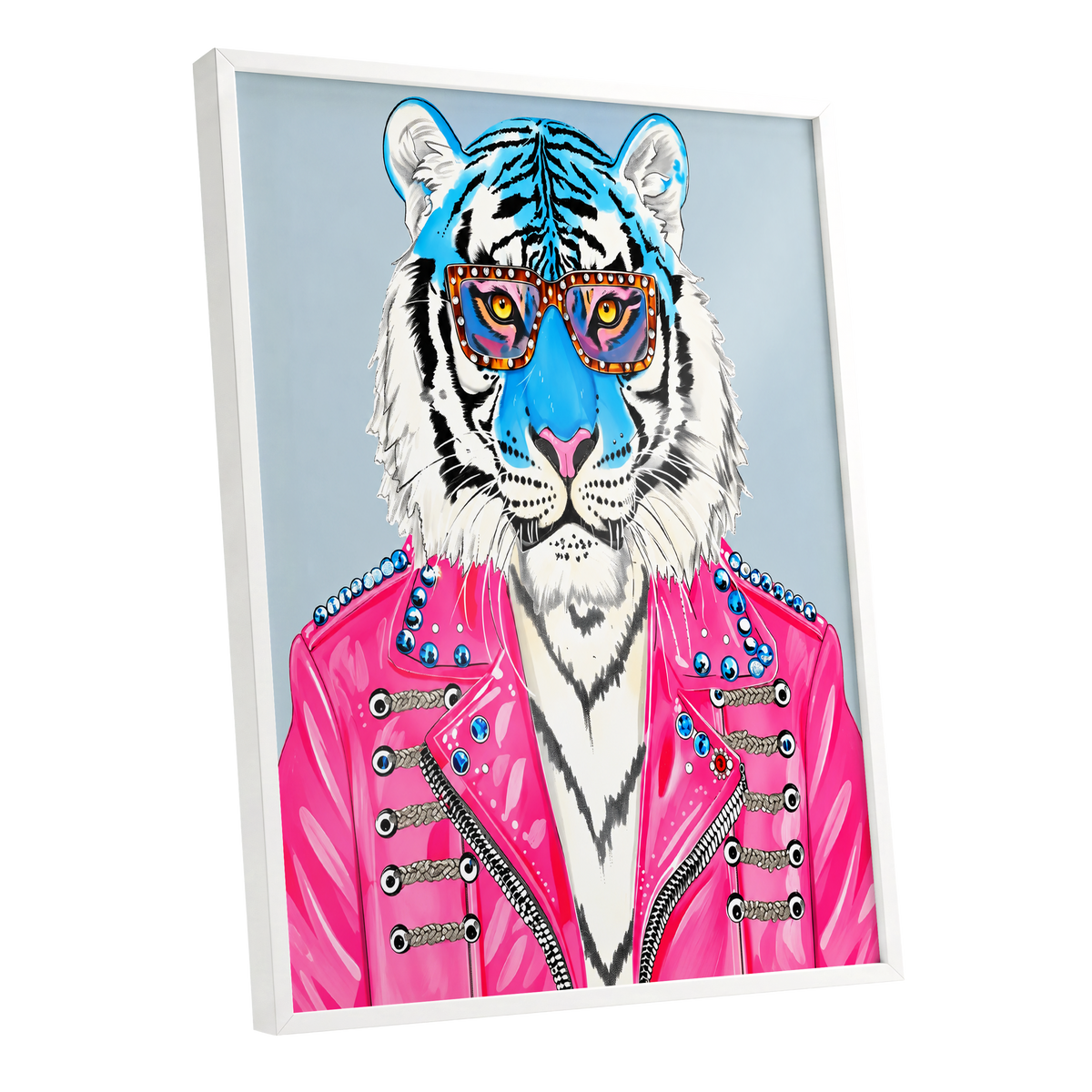 Electric Tiger Icon, pink, white, blue nature wall art shown as a white framed poster wall art print