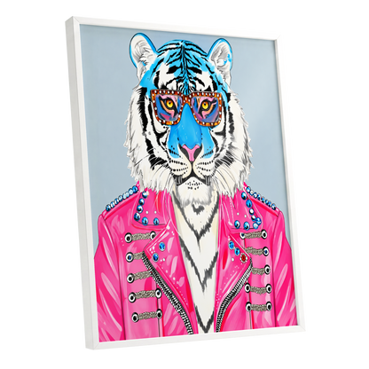 Electric Tiger Icon, pink, white, blue nature wall art shown as a white framed poster wall art print