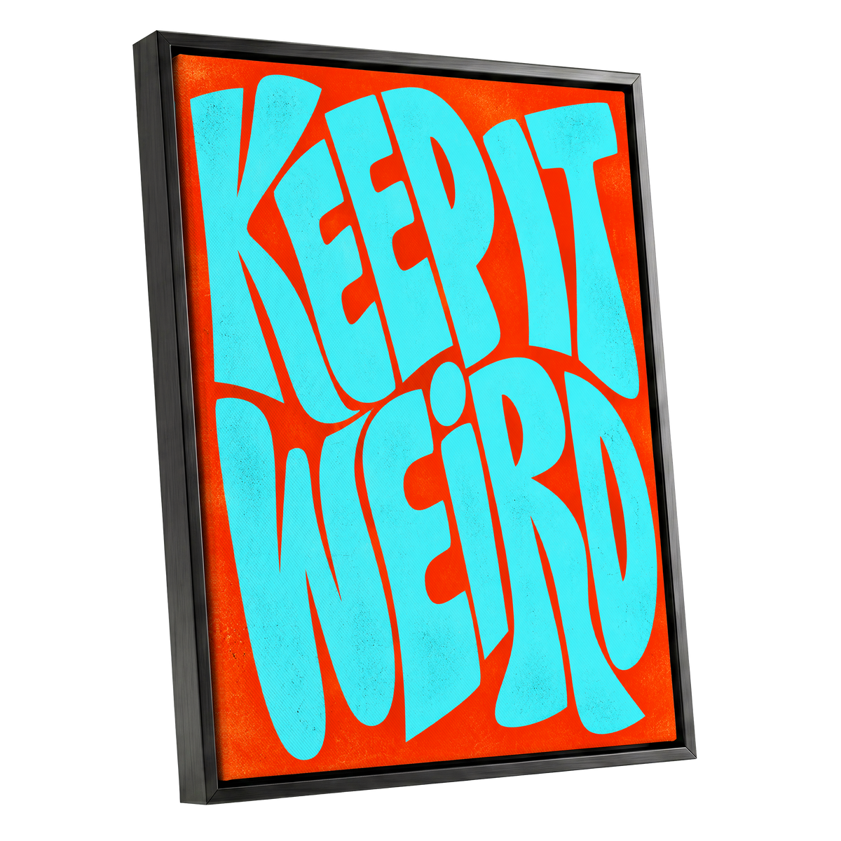 Electric Weird, blue, orange abstract wall art shown as a black framed canvas wall art