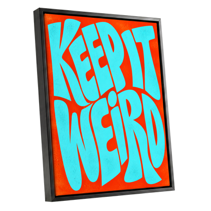 Electric Weird, blue, orange abstract wall art shown as a black framed canvas wall art