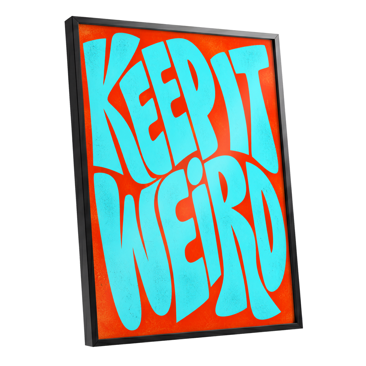 Electric Weird, blue, orange abstract wall art shown as a black framed poster wall art print