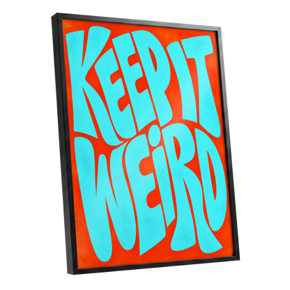 Electric Weird, blue, orange abstract wall art shown as a black framed poster wall art print