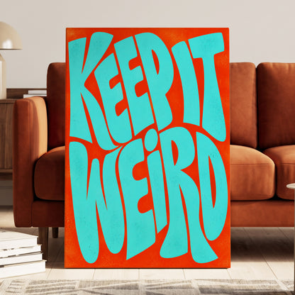 Electric Weird, blue, orange abstract wall art on canvas displayed in a styled interior, gallery view 1