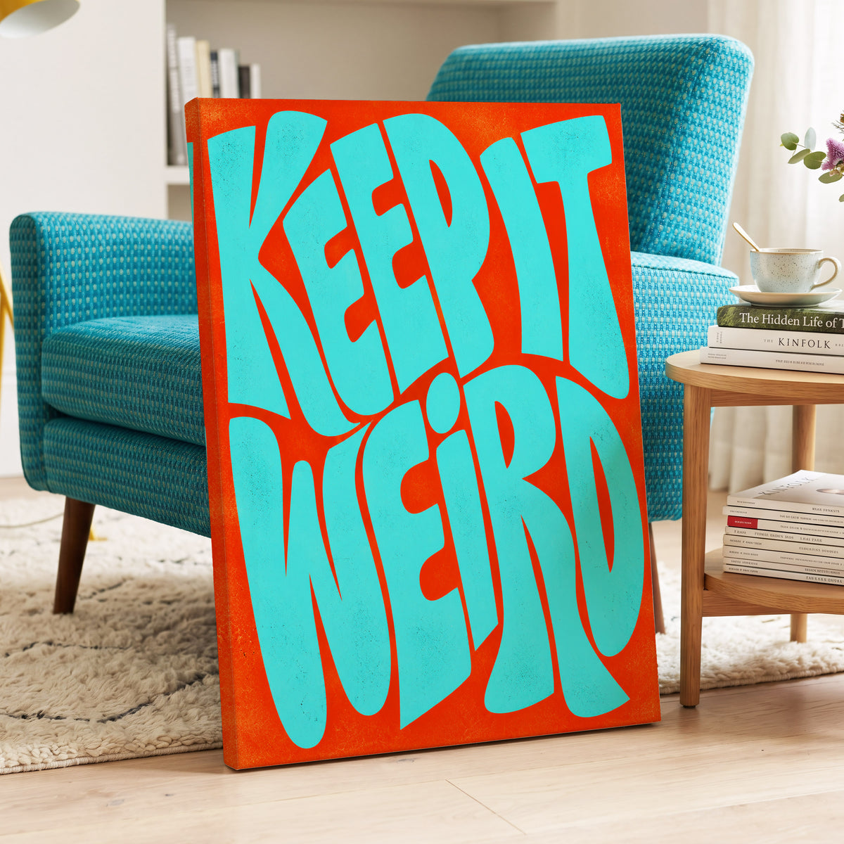Electric Weird, blue, orange abstract wall art on canvas displayed in a styled interior, gallery view 2