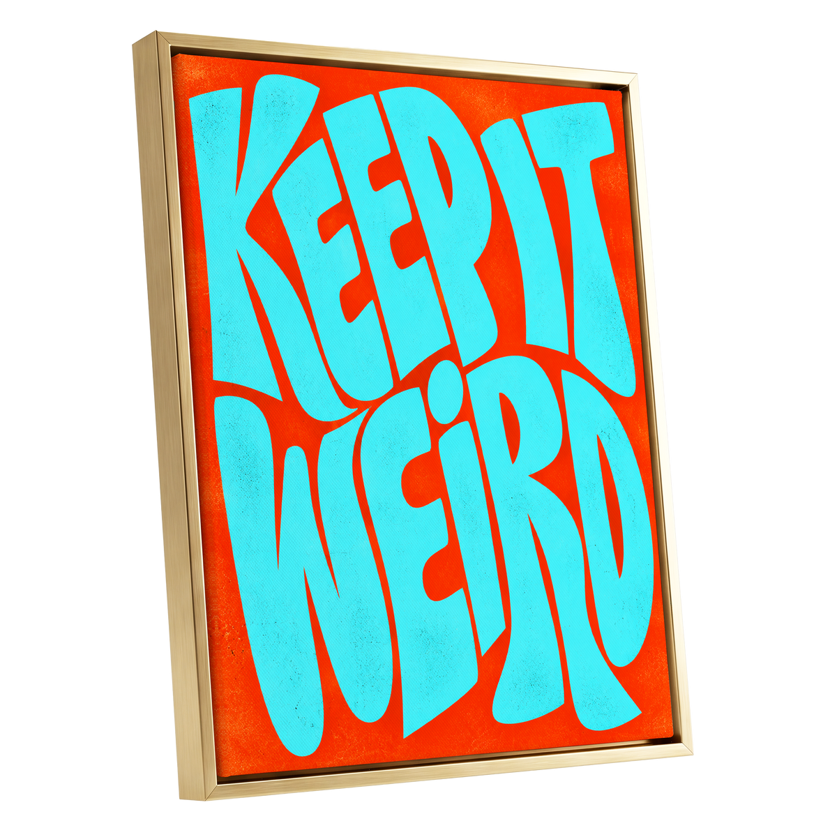 Electric Weird, blue, orange abstract wall art shown as a gold framed canvas wall art