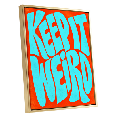 Electric Weird, blue, orange abstract wall art shown as a gold framed canvas wall art