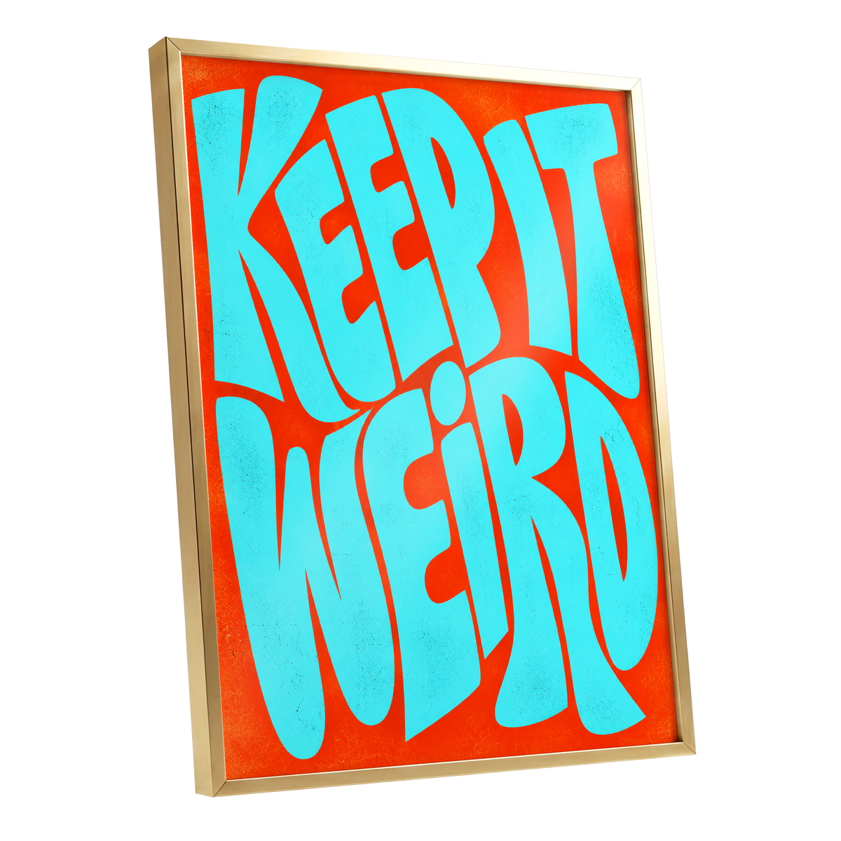 Electric Weird, blue, orange abstract wall art shown as a gold framed poster wall art print
