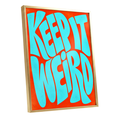Electric Weird, blue, orange abstract wall art shown as a gold framed poster wall art print
