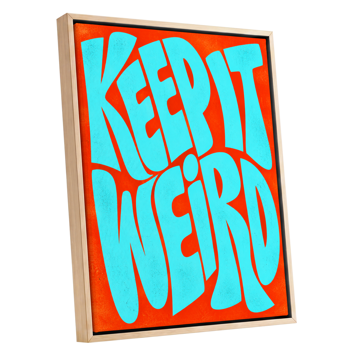 Electric Weird, blue, orange abstract wall art shown as a oak framed canvas wall art