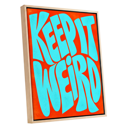 Electric Weird, blue, orange abstract wall art shown as a oak framed canvas wall art