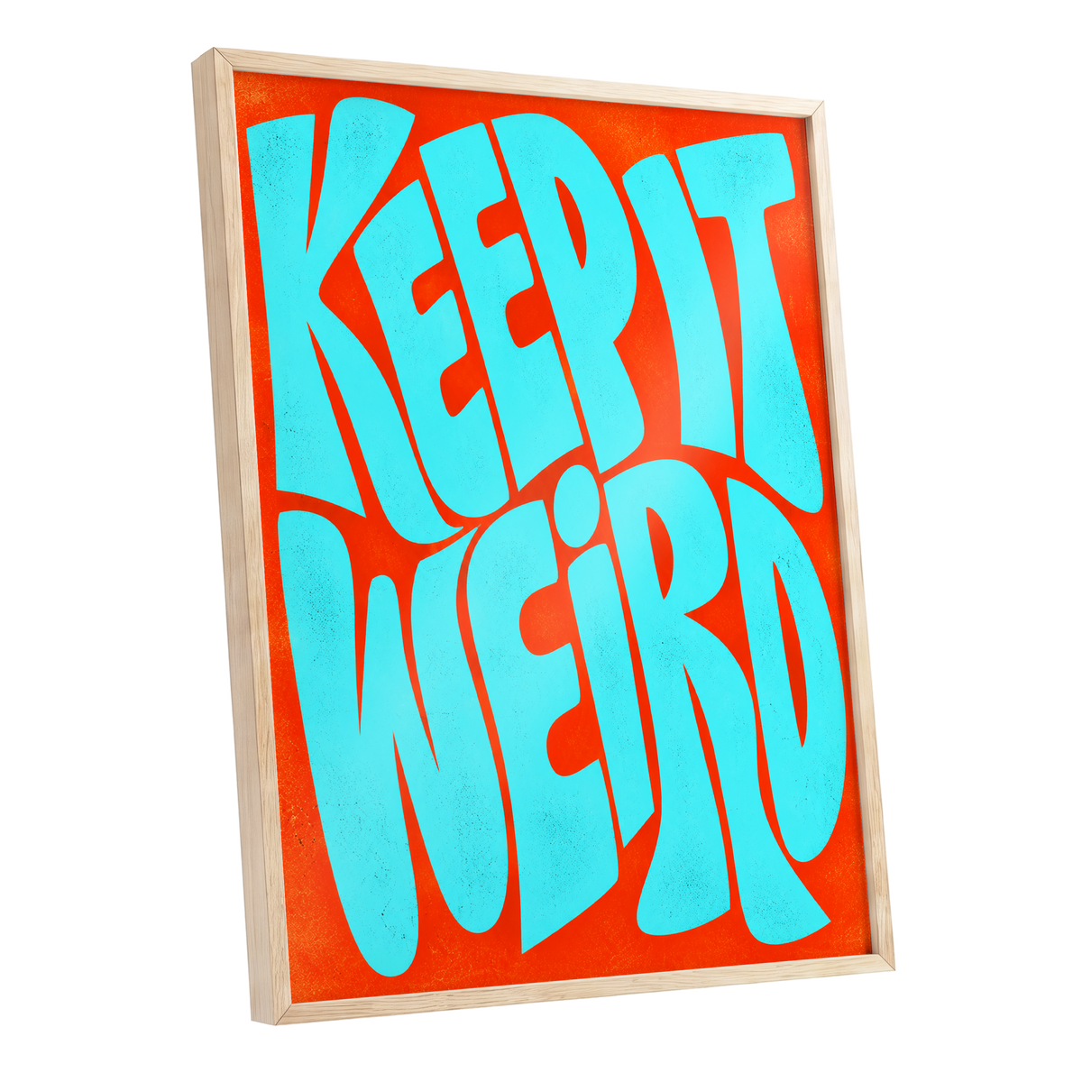 Electric Weird, blue, orange abstract wall art shown as a oak framed poster wall art print
