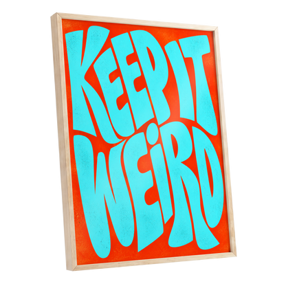 Electric Weird, blue, orange abstract wall art shown as a oak framed poster wall art print