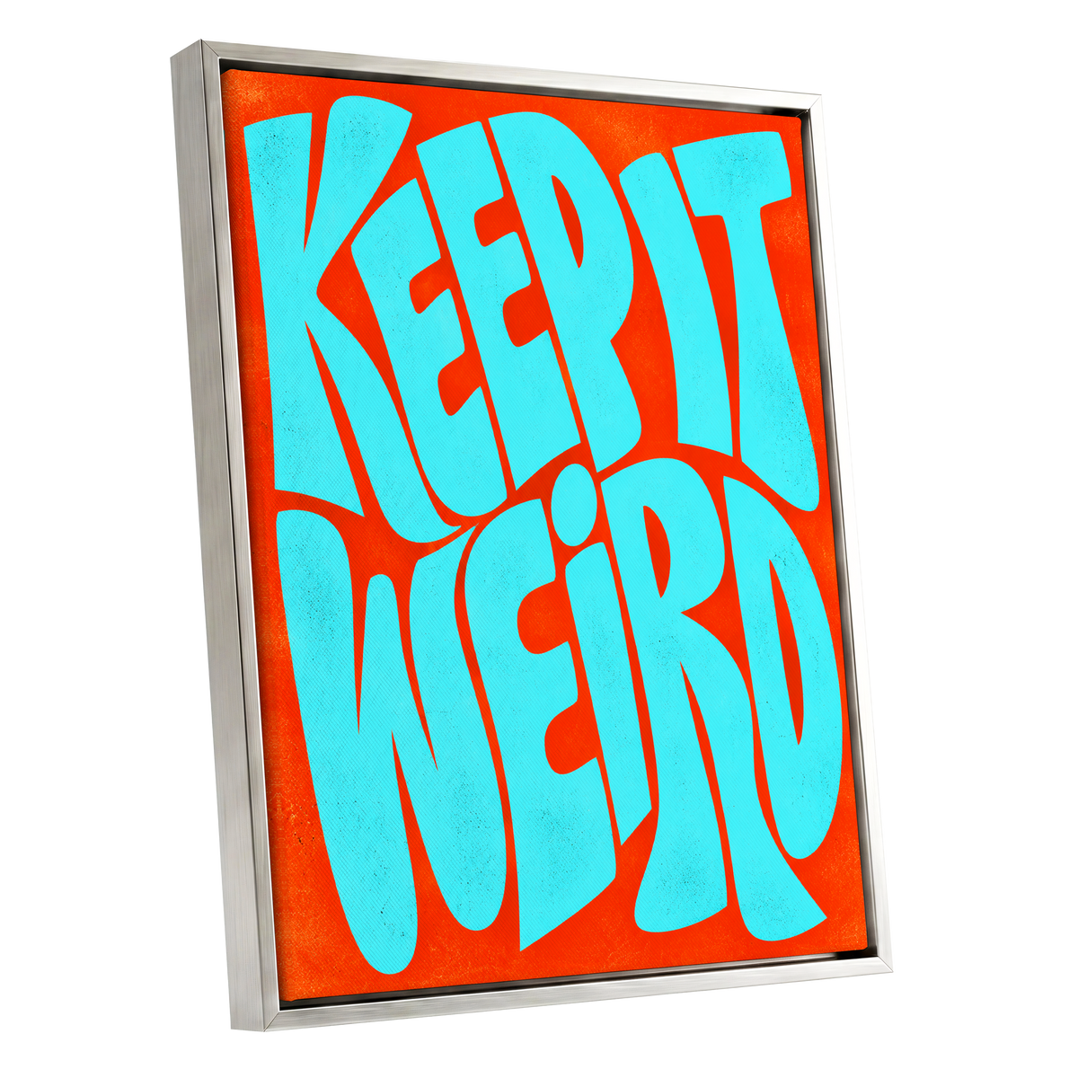 Electric Weird, blue, orange abstract wall art shown as a silver framed canvas wall art
