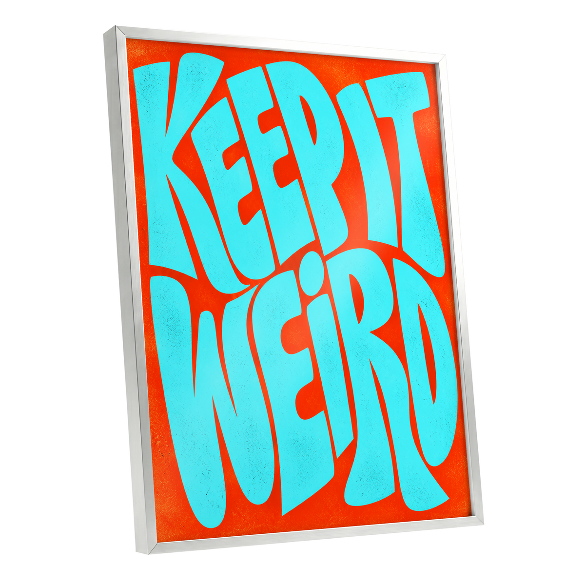 Electric Weird, blue, orange abstract wall art shown as a silver framed poster wall art print