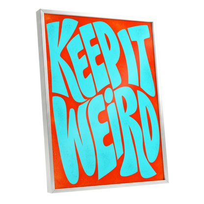 Electric Weird, blue, orange abstract wall art shown as a silver framed poster wall art print