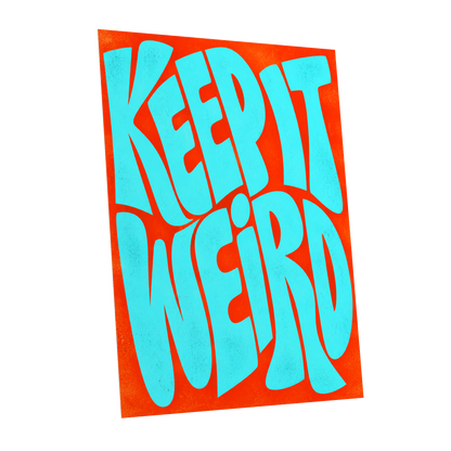 Electric Weird, blue, orange abstract wall art shown as a unframed poster wall art print