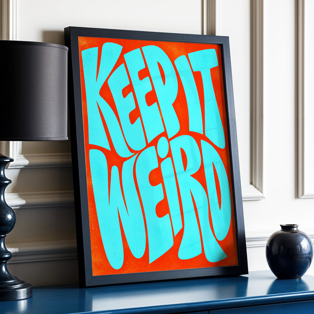 Electric Weird, blue, orange abstract wall art displayed in a styled interior, gallery view 3