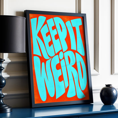 Electric Weird, blue, orange abstract wall art displayed in a styled interior, gallery view 3