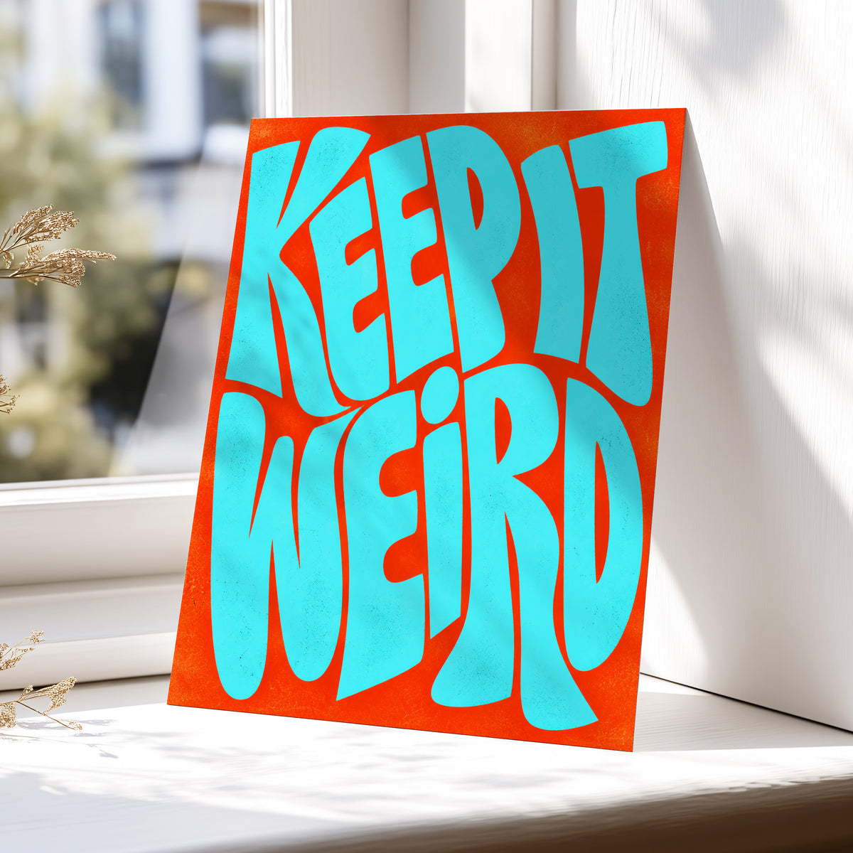 Electric Weird, blue, orange abstract wall art displayed in a styled interior, gallery view 5